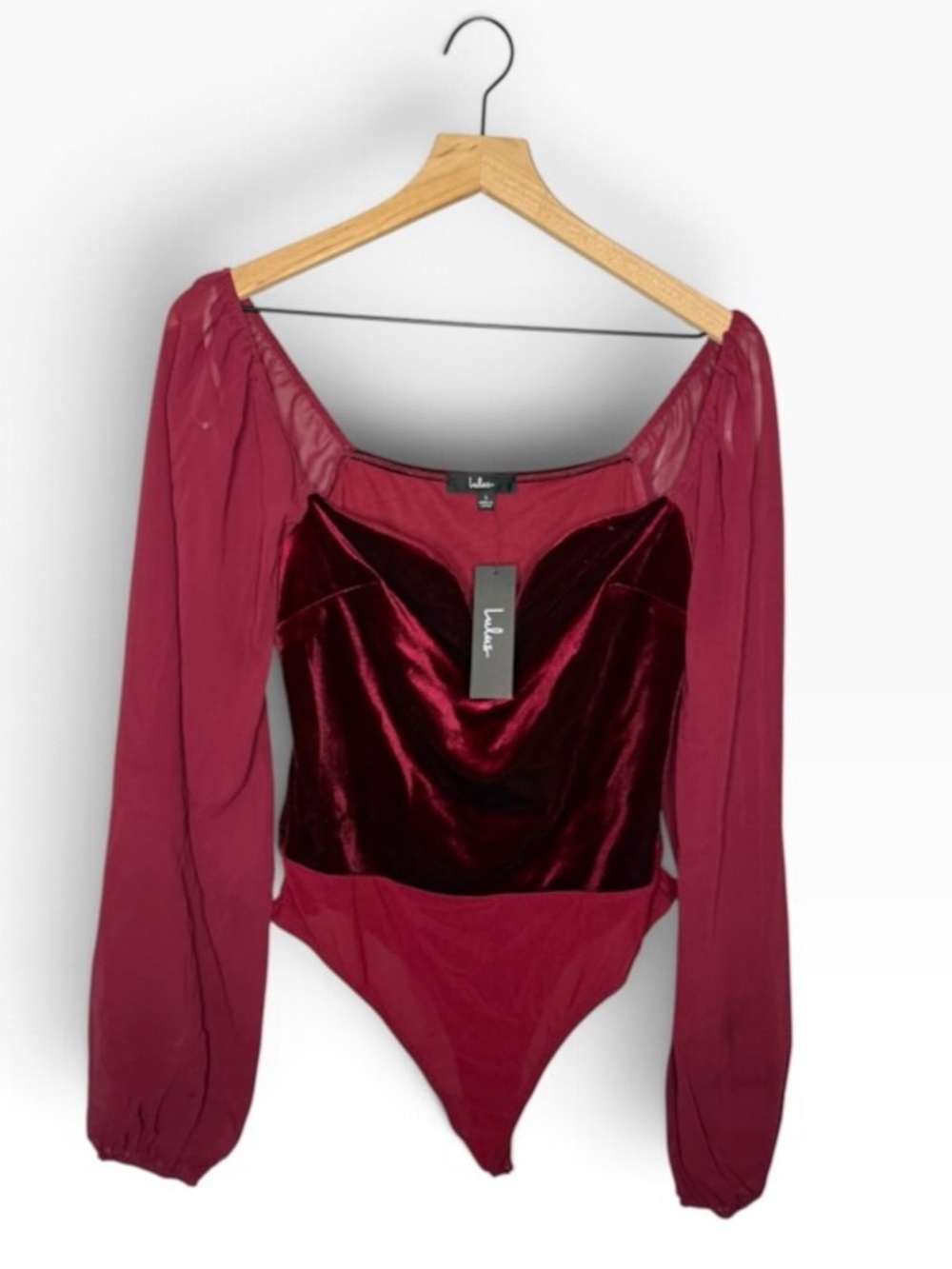 NEW NWT Lulu's Velvet Bodice Underwire Long Sleeve Bodysuit in Red L